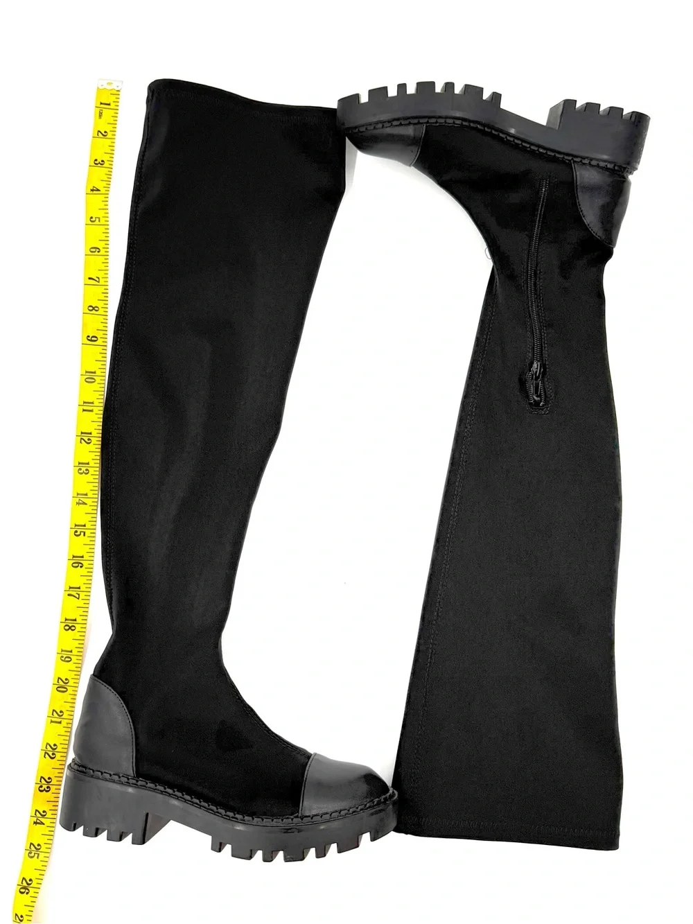 Ovar The Knee Stretchy Boots Slim Fit Combat Boots Round Toe Lycra High Boots